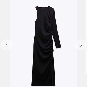 NWOT Zara one shoulder side draped midi dress in black. Size Large